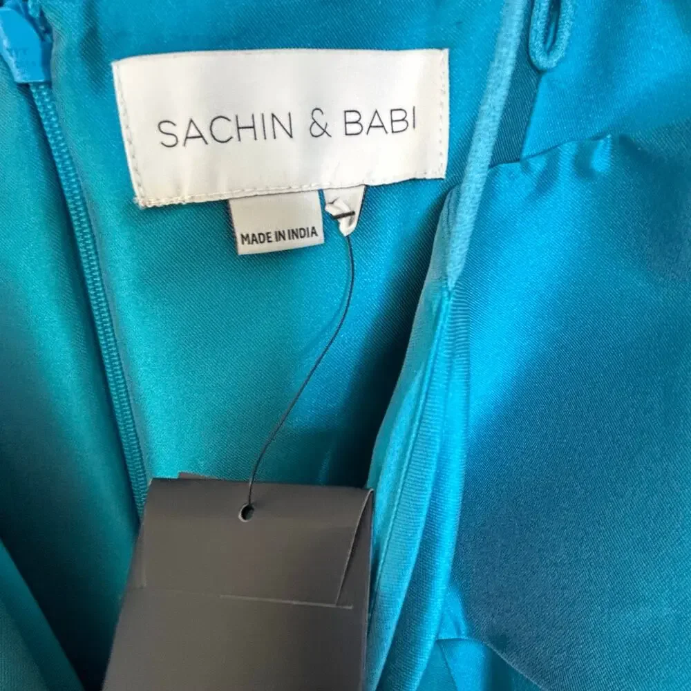 Sachin & Babi Tea length Gown-size‎ 4 teal, metallic sequin lips detail formal